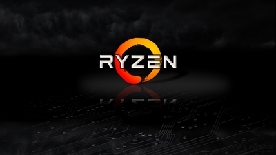 AMD 4K wallpaper of Ryzen logo on black back drop with dark clouds and reflection