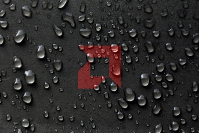 High def wallpaper of wet leather with a red AMD logo.