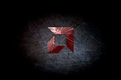High def wallpaper of AMD up arrow on scratched steel.