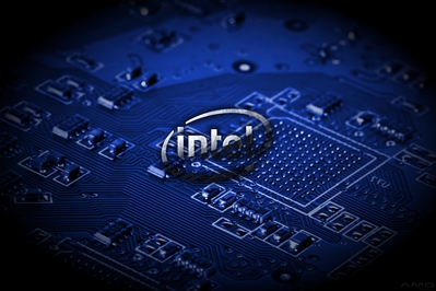 High def background featuring Intel logo with PCB graphics in black and blue.