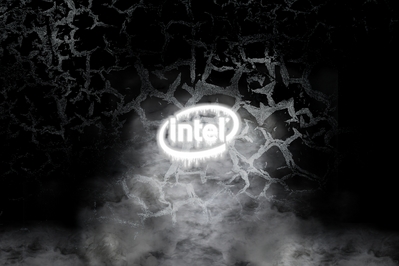 High def desktop background featuring a frozen Intel logo on black cracked metal.