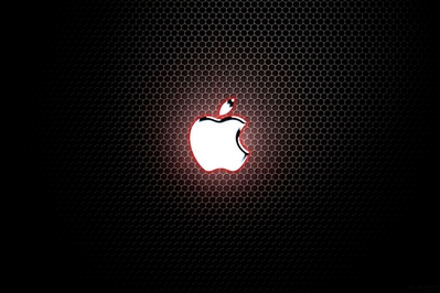 High Def desktop background with chrome Apple logo on metal grate.