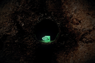 High def wallpaper of glow in the dark nVidia logo inside a drain pipe.